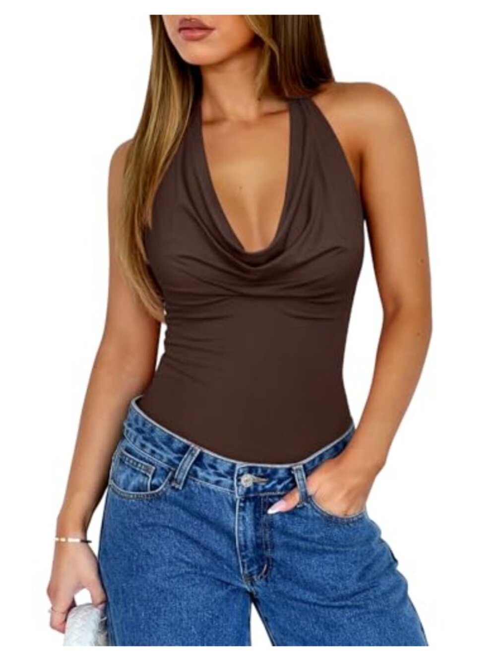 Cowl Neck Halter Bodysuit Open Back Thong Shapewear Tank Top